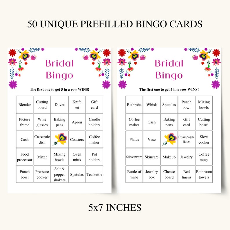 50 Printable Bridal Shower Bingo Cards, Prefilled Bridal Bingo Game