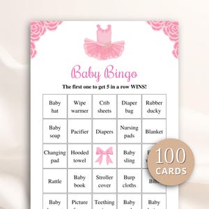 100 Printable Tutu Baby Shower Bingo Cards: Prefilled Gift Bingo, Ballerina Theme DOWNLOAD