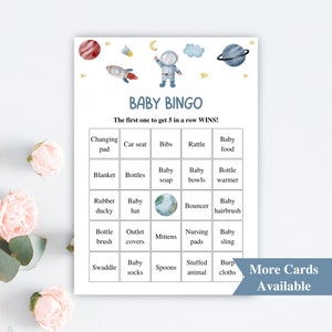 30 cartes de bingo imprimables pour baby shower astronaute | 5 x 7 po. Cartes de bingo préremplies pour bébé | Jeux de baby shower dans l'espace | TÉLÉCHARGER