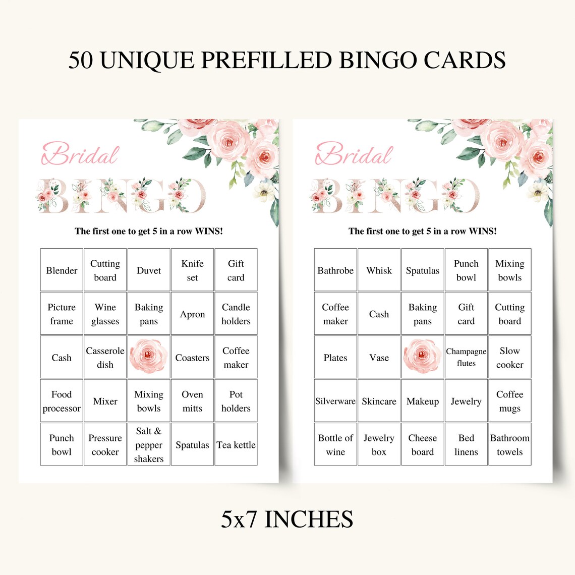 50 Printable Bridal Shower Bingo Cards, Prefilled Bridal Bingo Game