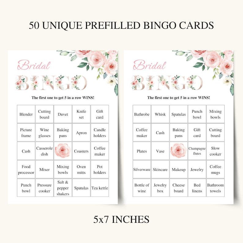 50 Printable Bridal Shower Bingo Cards, Prefilled Bridal Bingo Game Cards, Bridal Shower Gift