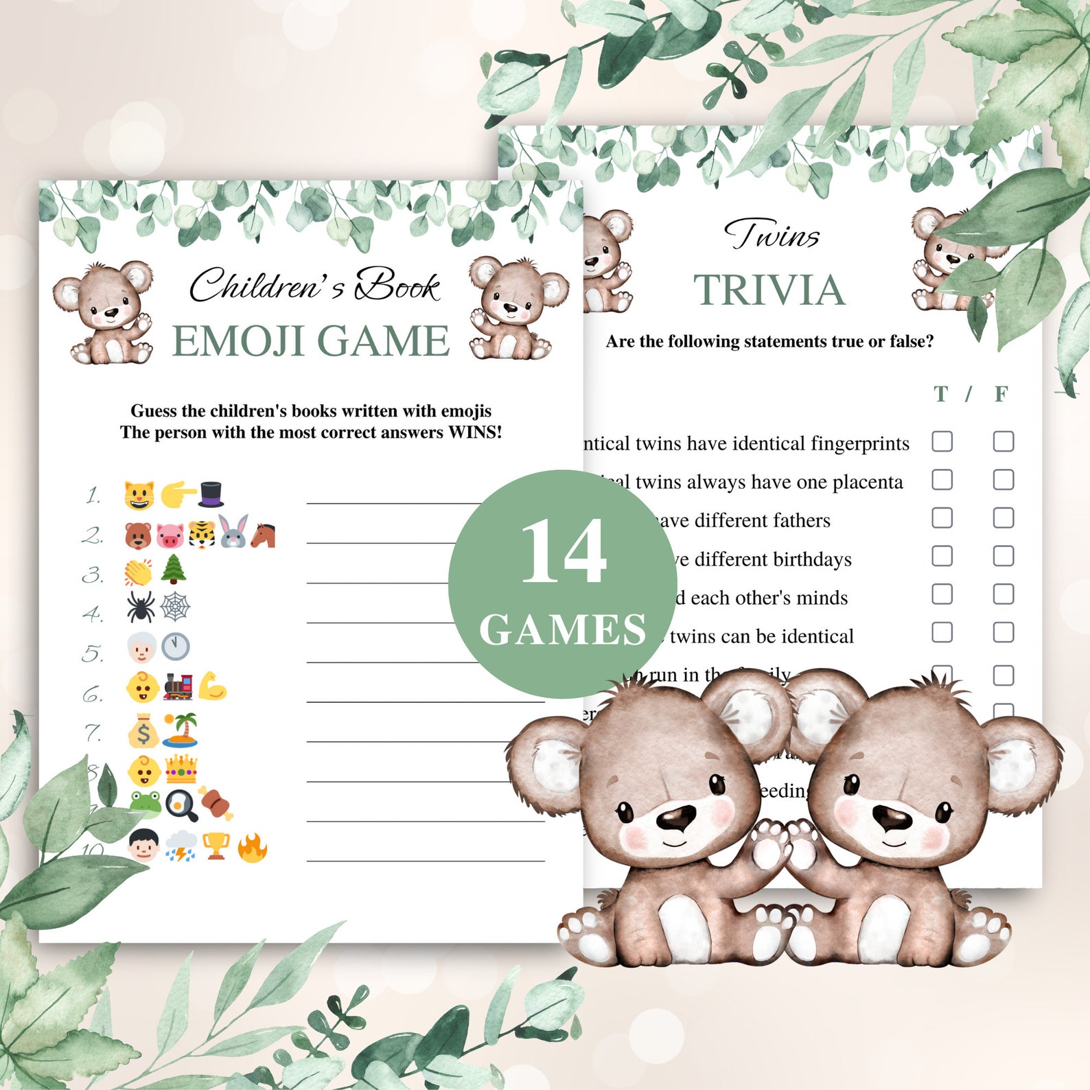 14 Printable Twin Baby Shower Games Twin Boy and Girl Baby Shower Game ...