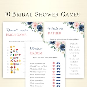 10 Printable Bridal Shower Games | Navy And Blush Pink Floral Bridal Shower Games | Navy And Blush Wedding Shower Games | DOWNLOAD