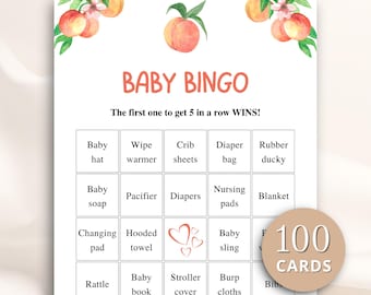 May include: A baby bingo game card with a peach and green watercolor design. The card features a grid with baby-related items like diapers and a baby sling. The text "BABY BINGO" is in red, and the card includes 100 cards.