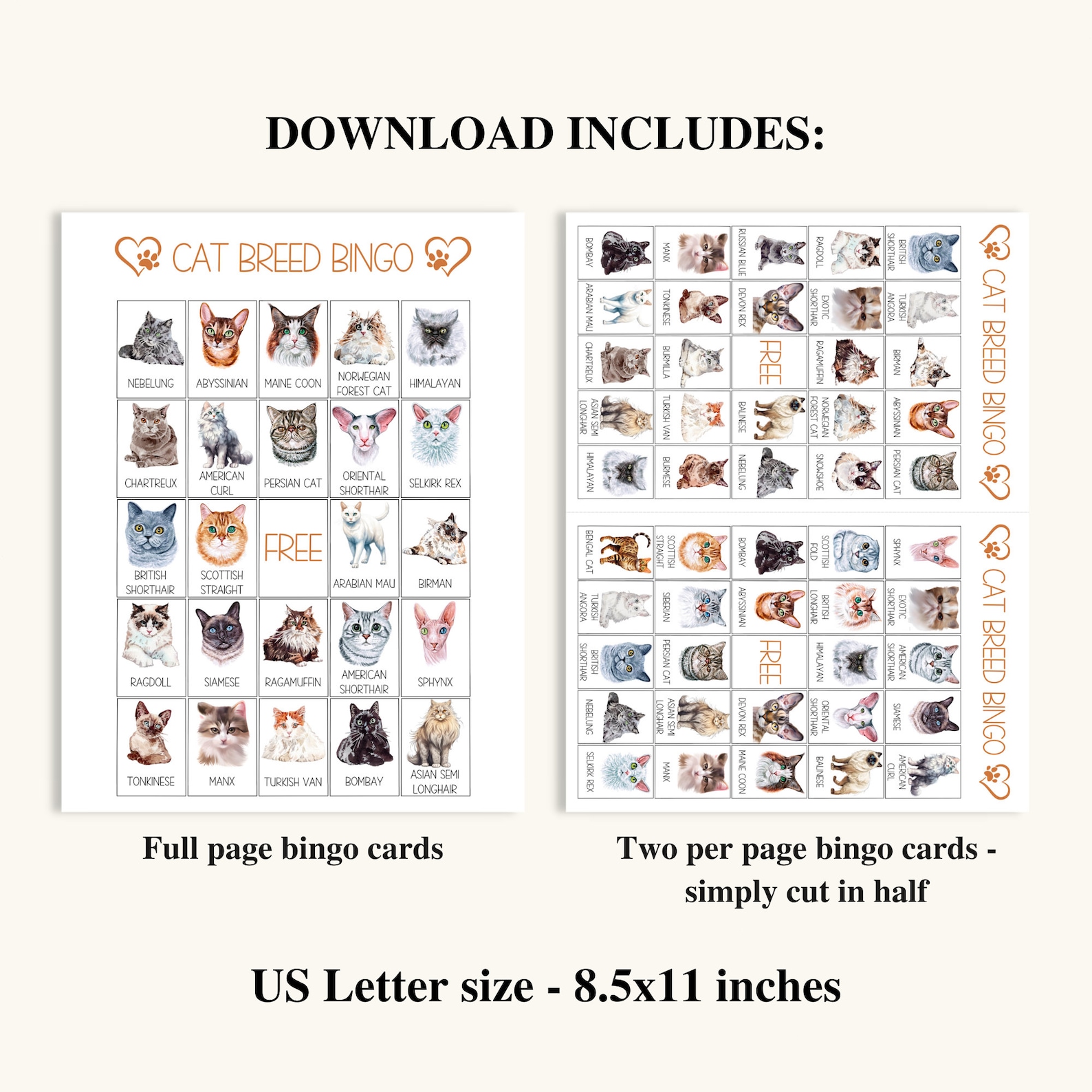 40 Printable Cat Bingo Cards Cat Breed Picture Bingo Cat - Etsy