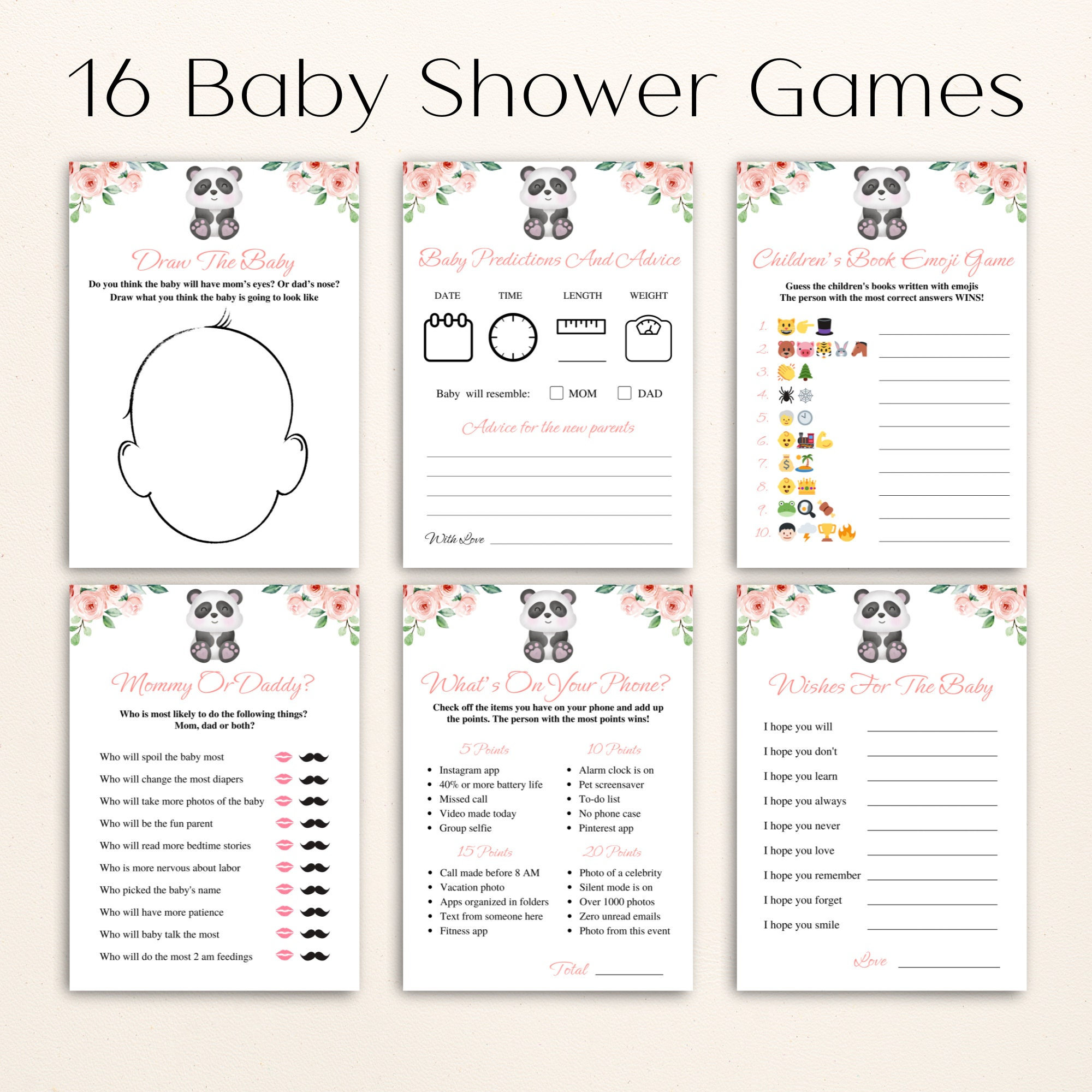 16 Printable Floral Panda Baby Shower Games Pink Safari Baby - Etsy