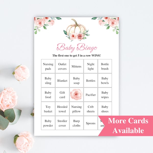 30 Printable Floral Pumpkin Baby Shower Bingo Cards | 5x7 Prefilled Little Pumpkin Baby Bingo Cards | Fall Baby Shower Games | DOWNLOAD