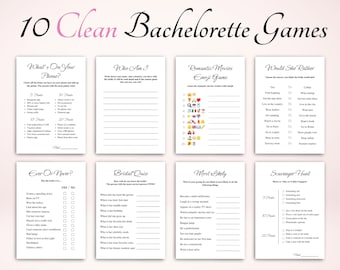 Könnte beinhalten: Zehn druckbare Bachelorette-Partyspiele mit Titeln wie "What's On Your Phone?", "Who Am I", "Romantic Movies Emoji Game", "Would She Rather", "Ever Or Never?", "Bridal Quiz", "Most Likely" und "Scavenger Hunt".