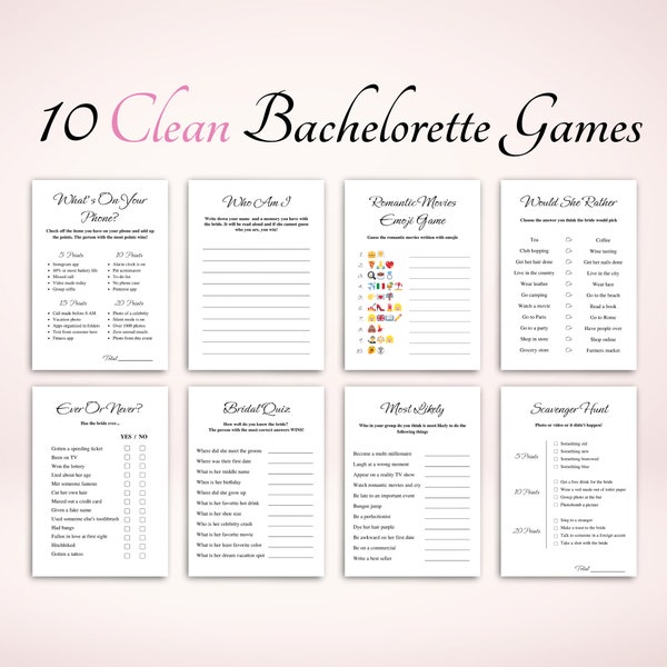 10 Clean Bachelorette Party Games, Printable Bachelorette Game Bundle, Clean Hens Party Games, Bachelorette Games, US Letter & A4, DOWNLOAD