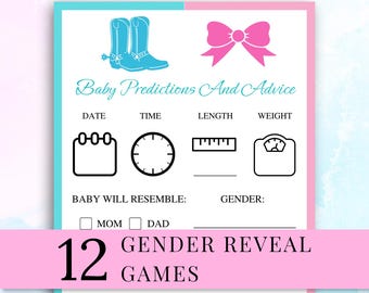 Könnte beinhalten: Eine weiße Karte mit blauem und rosa Rand und dem Text Baby Predictions And Advice. Sie enthält Symbole für Cowboystiefel, eine Schleife, einen Kalender, eine Uhr, ein Lineal und eine Waage. Darunter befinden sich Felder für Datum, Uhrzeit, Länge, Gewicht und Geschlecht.
