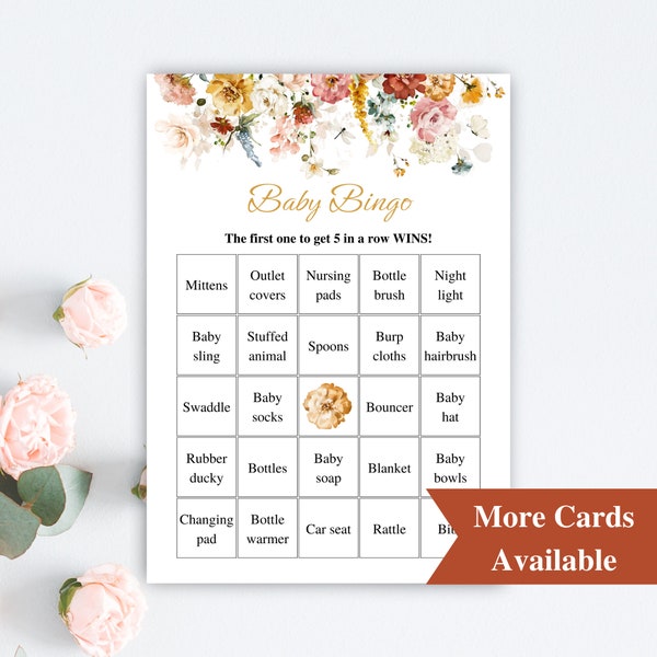 30 Printable Prefilled Baby Shower Bingo Cards | Wildflower Baby Shower Bingo Cards | Baby In Bloom Shower Games | Boho Baby Bingo DOWNLOAD