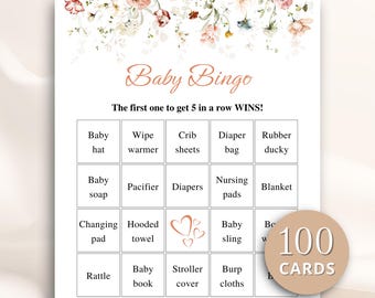100 afdrukbare wilde bloemen babyshower bingokaarten, voorgevulde bingokaarten babyshower cadeau, baby in bloei babyshowergames, DOWNLOAD