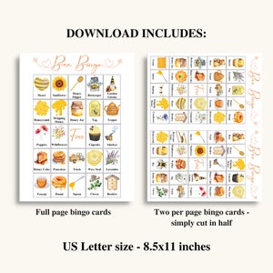 Puede incluir: Dos tarjetas de bingo imprimibles con tem&aacute;tica de abejas en un esquema de color amarillo y blanco. Las tarjetas presentan im&aacute;genes de panales, abejas, flores y otros art&iacute;culos relacionados con las abejas. Las tarjetas est&aacute;n dise&ntilde;adas para una fiesta o evento con tem&aacute;tica de abejas. El texto en las tarjetas dice "Bee Bingo".