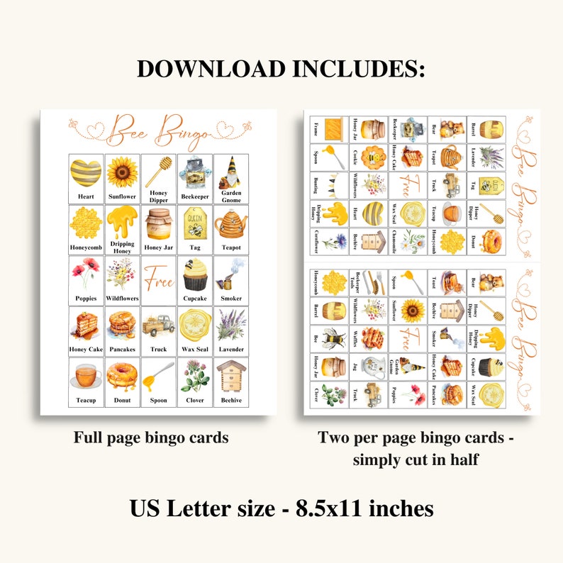 Puede incluir: Dos tarjetas de bingo imprimibles con tem&aacute;tica de abejas en un esquema de color amarillo y blanco. Las tarjetas presentan im&aacute;genes de panales, abejas, flores y otros art&iacute;culos relacionados con las abejas. Las tarjetas est&aacute;n dise&ntilde;adas para una fiesta o evento con tem&aacute;tica de abejas. El texto en las tarjetas dice "Bee Bingo".