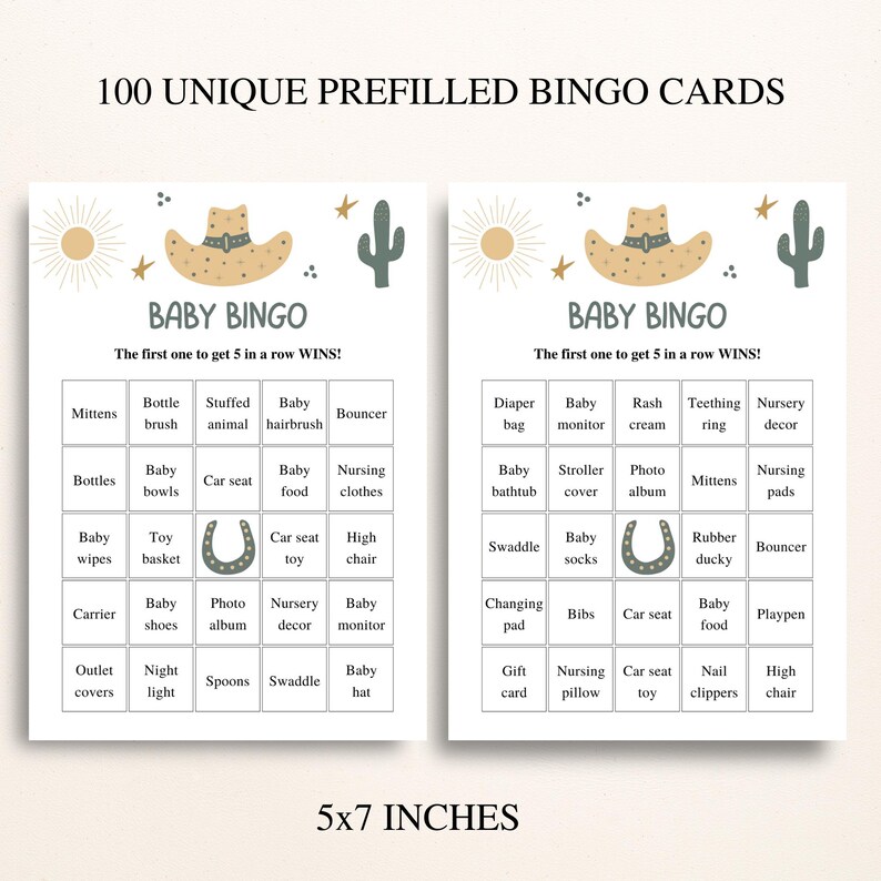 100 Printable Western Baby Shower Bingo Cards: Prefilled Baby Shower Gift Bingo, Country Baby Shower, Cowboy Baby Shower Games DOWNLOAD image 2