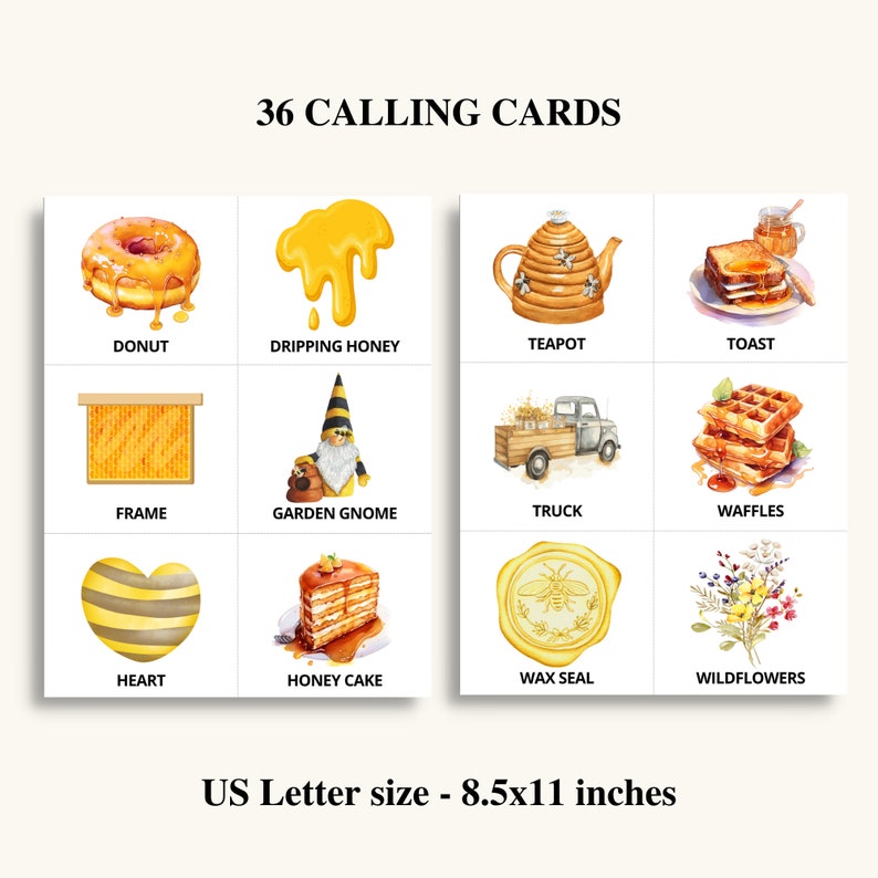 Puede incluir: 36 tarjetas de llamada con ilustraciones de varios objetos, incluyendo una dona, miel goteando, tetera, tostadas, marco, gnomo de jard&iacute;n, cami&oacute;n, gofres, coraz&oacute;n, pastel de miel, sello de cera y flores silvestres. Las tarjetas est&aacute;n dise&ntilde;adas en estilo acuarela con tonos amarillos y marrones.