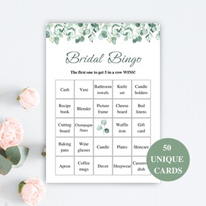 50 cartes de bingo nuptiales imprimables, cartes de jeu de bingo nuptiale préremplies, bingo cadeau nuptiale de douche, jeux de douche nuptiale d'eucalyptus TÉLÉCHARGER