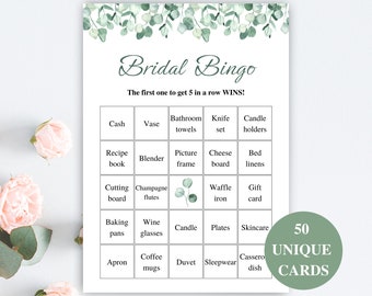 50 Printable Bridal Shower Bingo Cards, Prefilled Bridal Bingo Game Cards, Bridal Shower Gift Bingo, Eucalyptus Bridal Shower Games DOWNLOAD