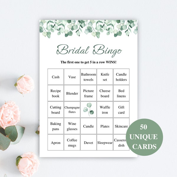 50 Printable Bridal Shower Bingo Cards, Prefilled Bridal Bingo Game Cards, Bridal Shower Gift Bingo, Eucalyptus Bridal Shower Games DOWNLOAD