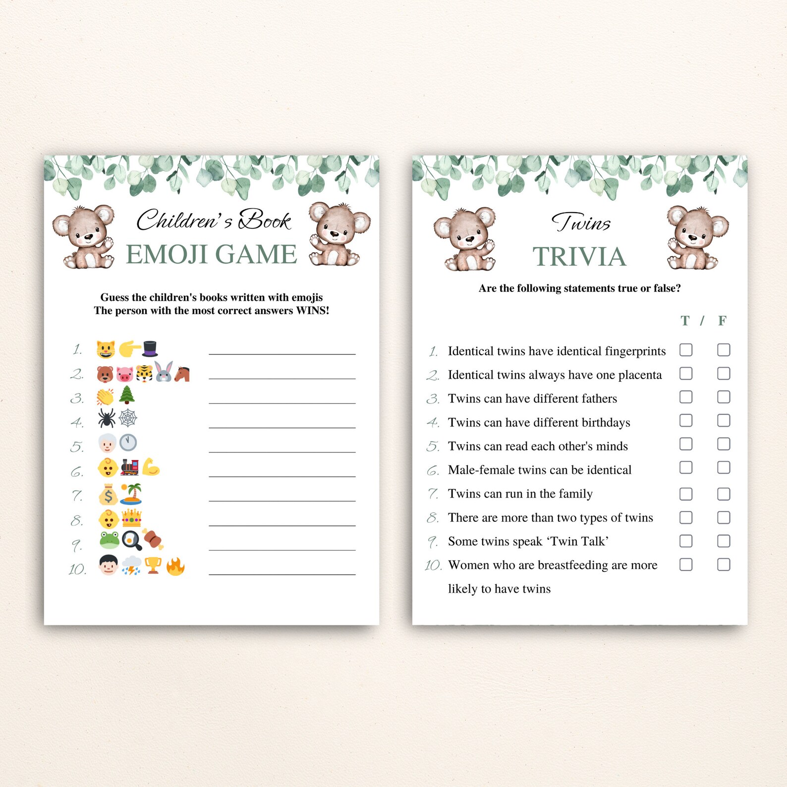 14 Printable Twin Baby Shower Games Twin Boy and Girl Baby Shower Game ...