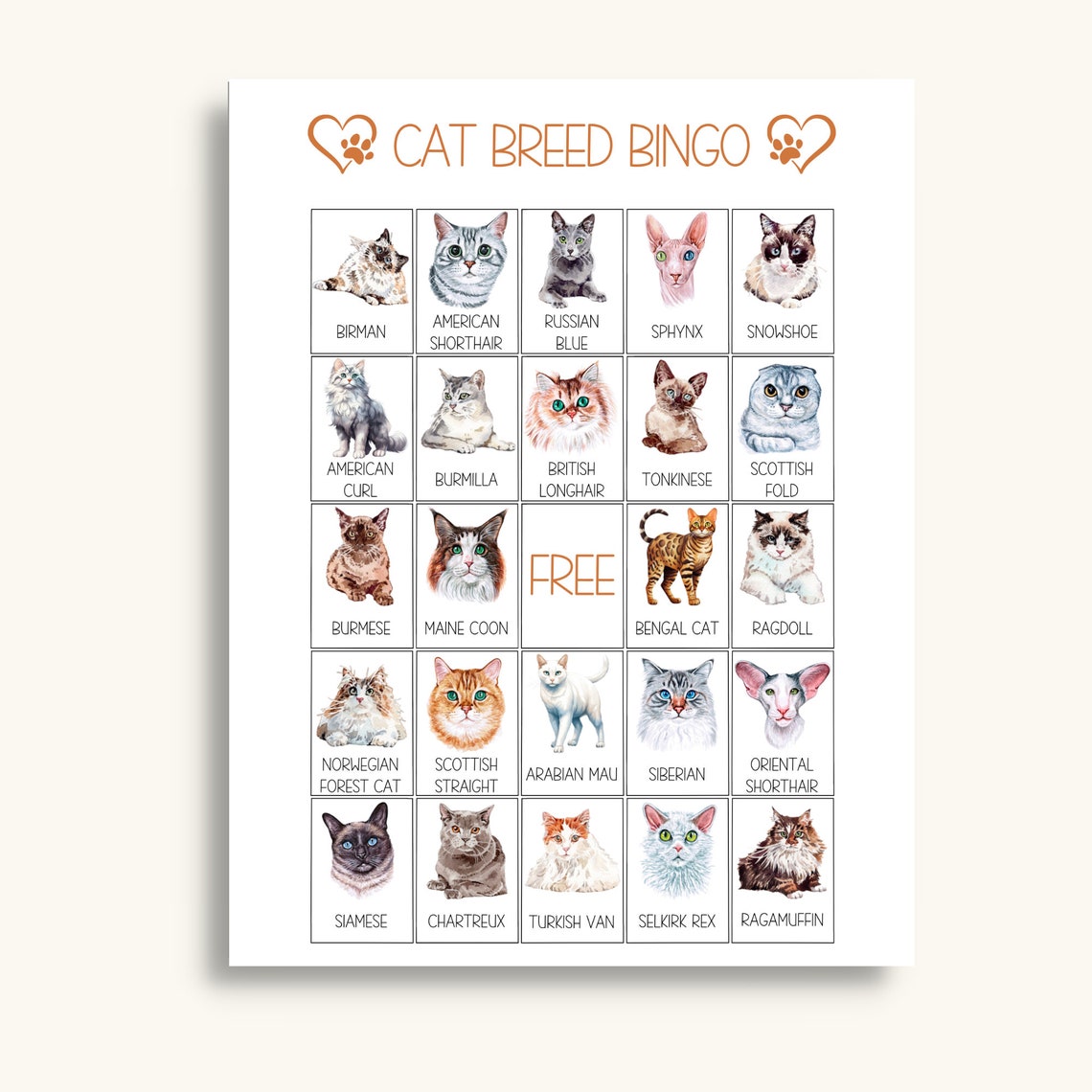 50 Printable Cat Bingo Cards Cat Breed Picture Bingo Cat Themed ...
