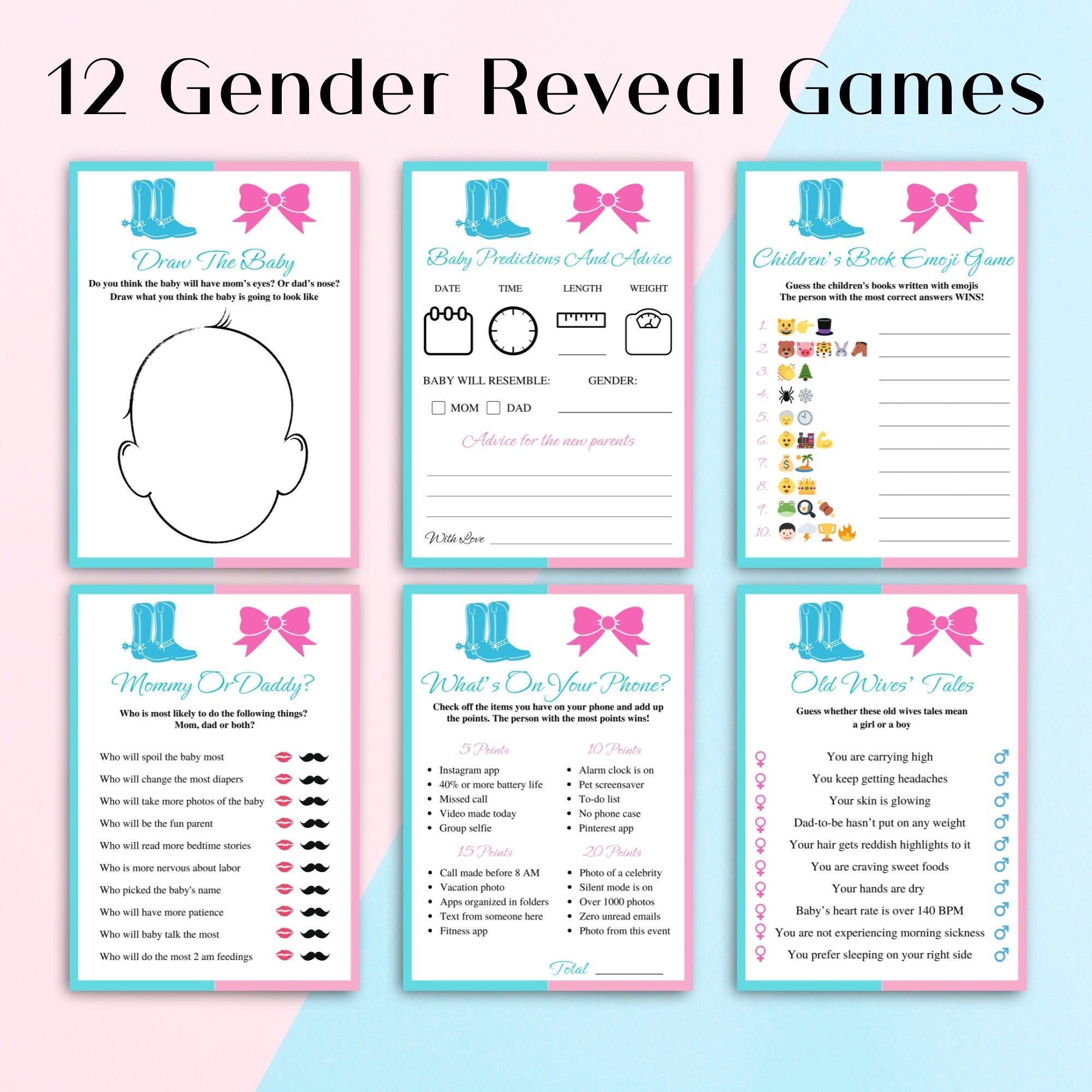 12 Printable Boots or Bows Gender Reveal Games | Pink and Blue Gender Reveal Party Games | Cowboy Gender Reveal Games | DOWNLOAD - Etsy 12-printable-boots-or-bows-gender-reveal-games-pink-and-blue-gender-reveal-party-games-cowboy-gender-reveal-games-download-etsy