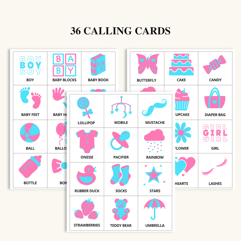 May include: A set of 36 calling cards for a baby shower. The cards feature various baby-related icons, such as a baby bottle, a pacifier, a teddy bear, and a baby carriage. The cards are printed on white cardstock and are perfect for a gender-neutral baby shower.