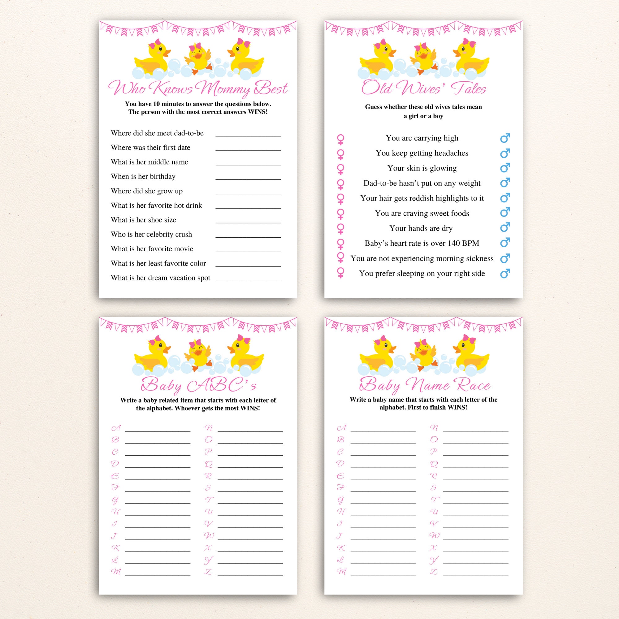 16 Printable Rubber Ducky Baby Shower Games, Girl Duck Baby Shower Game ...