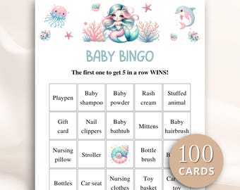 100 cartes de bingo imprimables pour baby shower sirène, cartes de bingo cadeau baby shower préremplies, jeux de shower de bébé océan, baby shower de mer, téléchargement