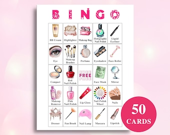50 tarjetas de bingo con imágenes de maquillaje para imprimir, juegos para pijamadas, fiestas de cumpleaños, noches de chicas, 8,5 x 11 pulgadas (descargar)