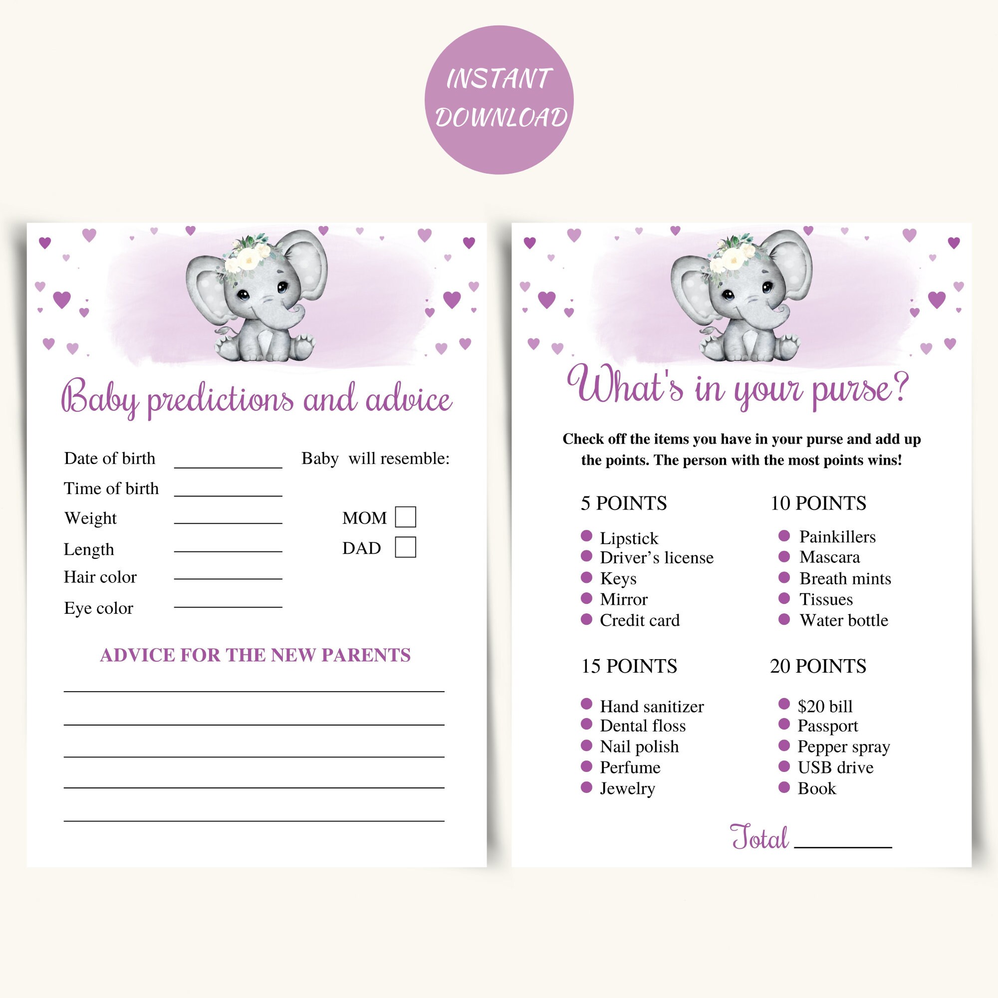 8 Printable Elephant Baby Shower Games, Purple Elephant Baby Shower ...