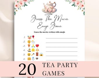Könnte beinhalten: Ein druckbares Guess The Movie Emoji Game Blatt mit einer Aquarell-Teekanne und rosa Blumenakzenten. Die Seite enthält einen Titel, Anweisungen und eine nummerierte Liste von 1 bis 12 mit Emoji-Sequenzen und Leerzeilen für Filmtitel.