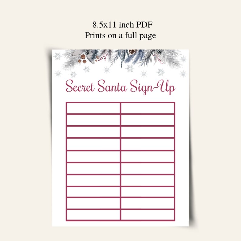 Printable Secret Santa Sign up Sheet, Christmas Gift Exchange Sign up ...