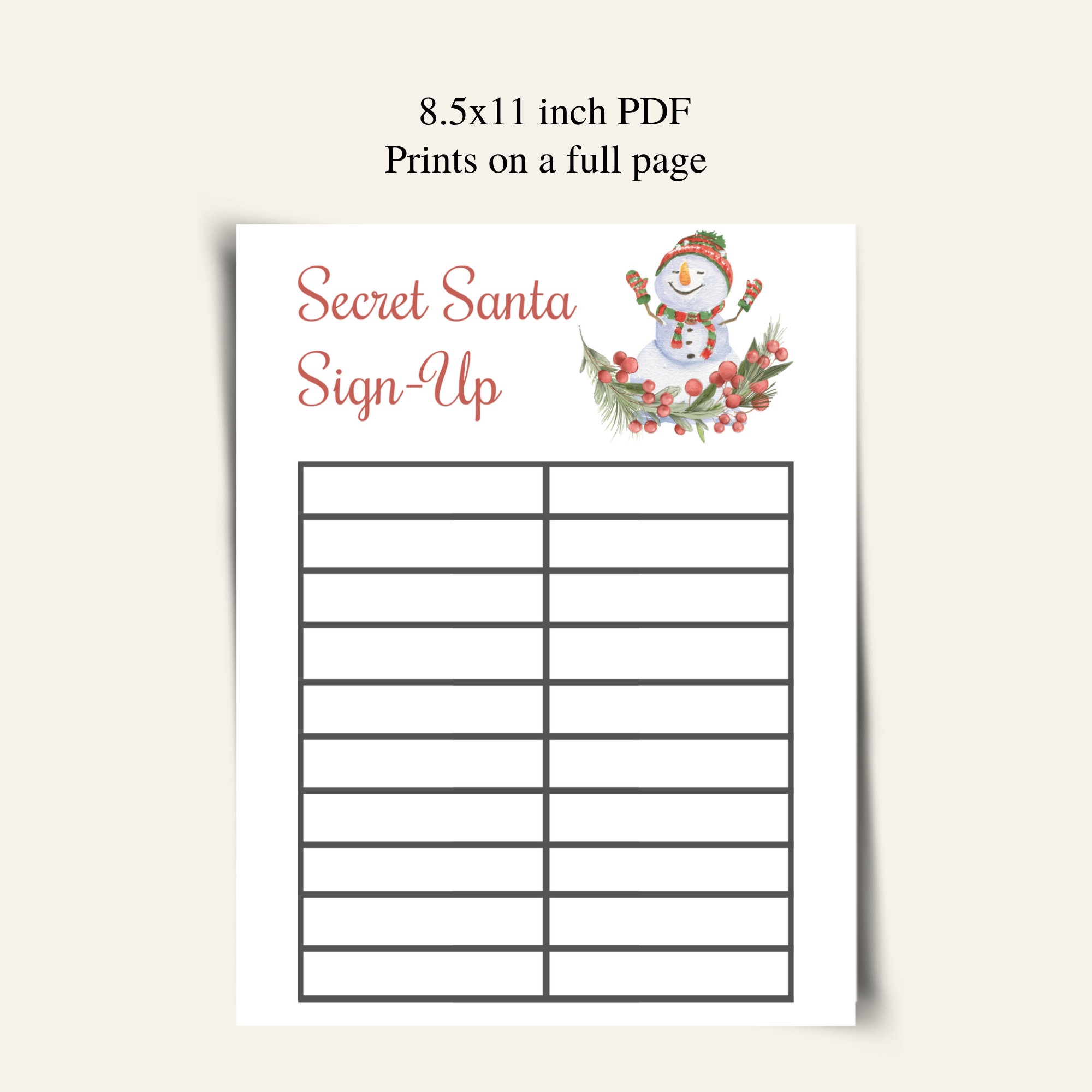 Printable Secret Santa Sign up Sheet Christmas Gift Exchange Sign up Printable Secret Santa Sign up Sheet Christmas Gift Exchange Sign up