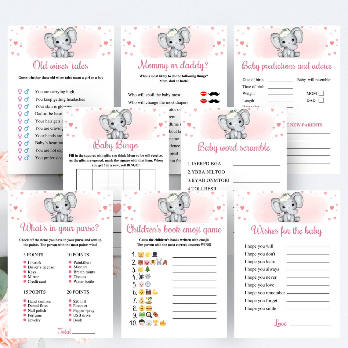 8 Printable Elephant Baby Shower Games Girl Elephant Baby - Etsy