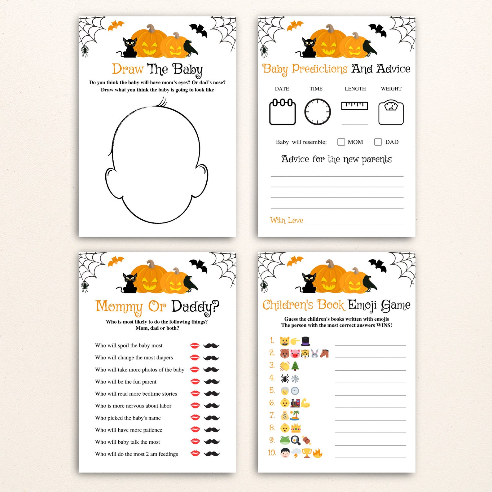 16 Printable Halloween Baby Shower Games, 5x7 Halloween Baby Shower