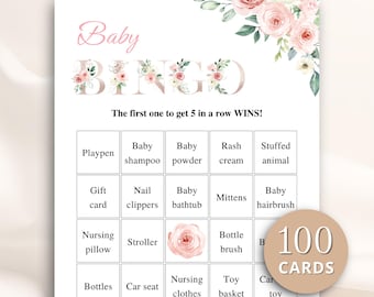 100 Printable Floral Baby Shower Bingo Cards, Prefilled Baby Shower Gift Bingo Cards, Blush Pink Floral Baby Shower Games, DOWNLOAD