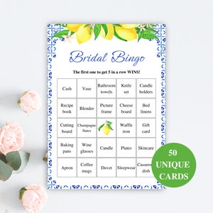 50 cartões de bingo para chá de panela imprimíveis, cartões de jogo de bingo para noiva pré-preenchidos, bingo para presente de chá de panela, jogos de chá de panela com limão, DOWNLOAD