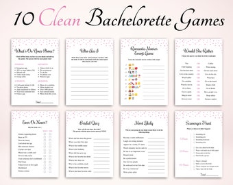 Könnte beinhalten: Ein Set mit 10 druckbaren Bachelorette-Partyspielen mit rosa und weißen Punkten. Die Spiele beinhalten "What's On Your Phone?", "Who Am I", "Romantic Movies Emoji Game", "Would She Rather", "Ever Or Never", "Bridal Quiz", "Most Likely" und "Scavenger Hunt".