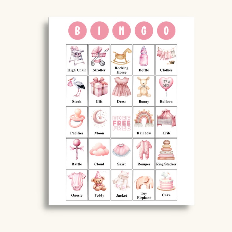 50 Printable Girl Baby Shower Bingo Cards Baby Shower Picture Bingo ...