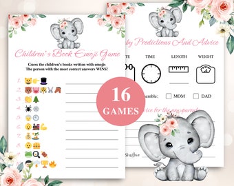 16 Printable Elephant Baby Shower Games, Floral Elephant Baby Shower Game Bundle, Little Peanut Baby Shower Games, DOWNLAD