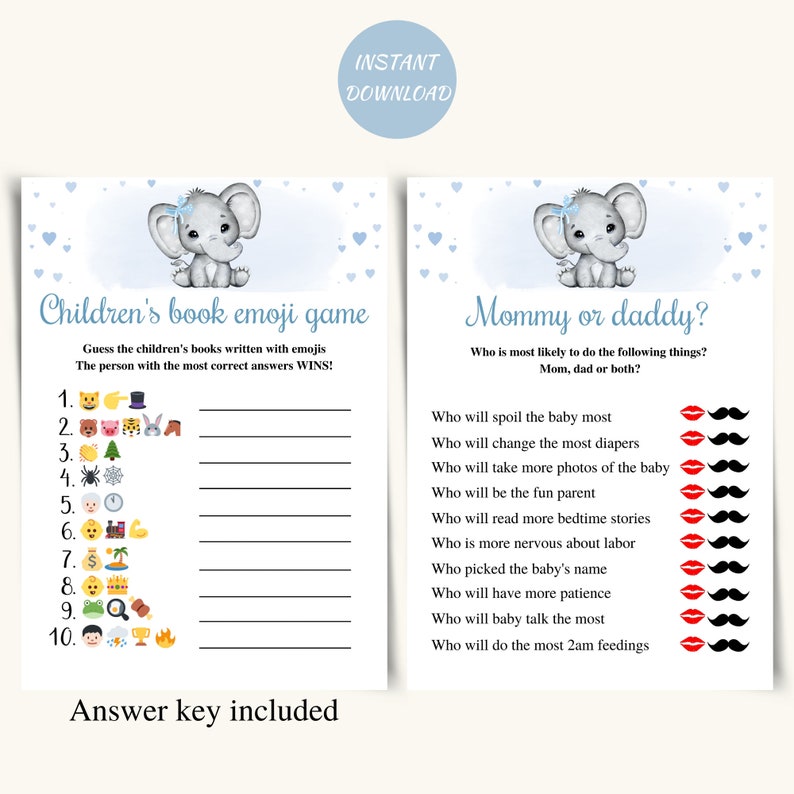 8 Printable Elephant Baby Shower Games, Boy Elephant Baby Shower Game