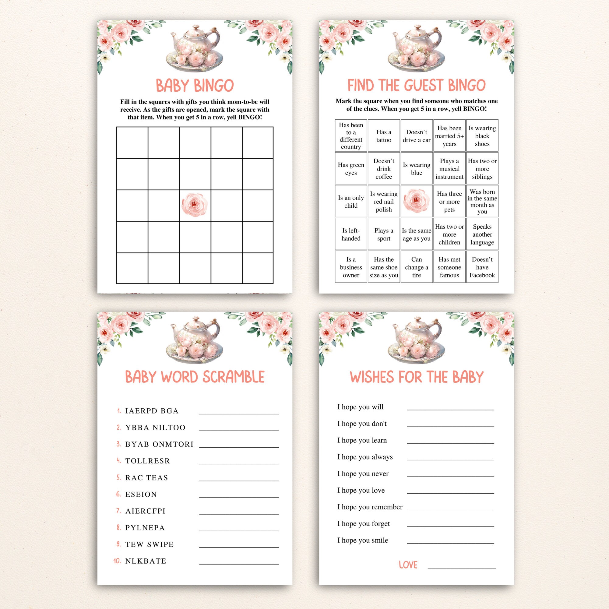 16 Printable Tea Party Baby Shower Games Afternoon Tea Baby Shower Game ...