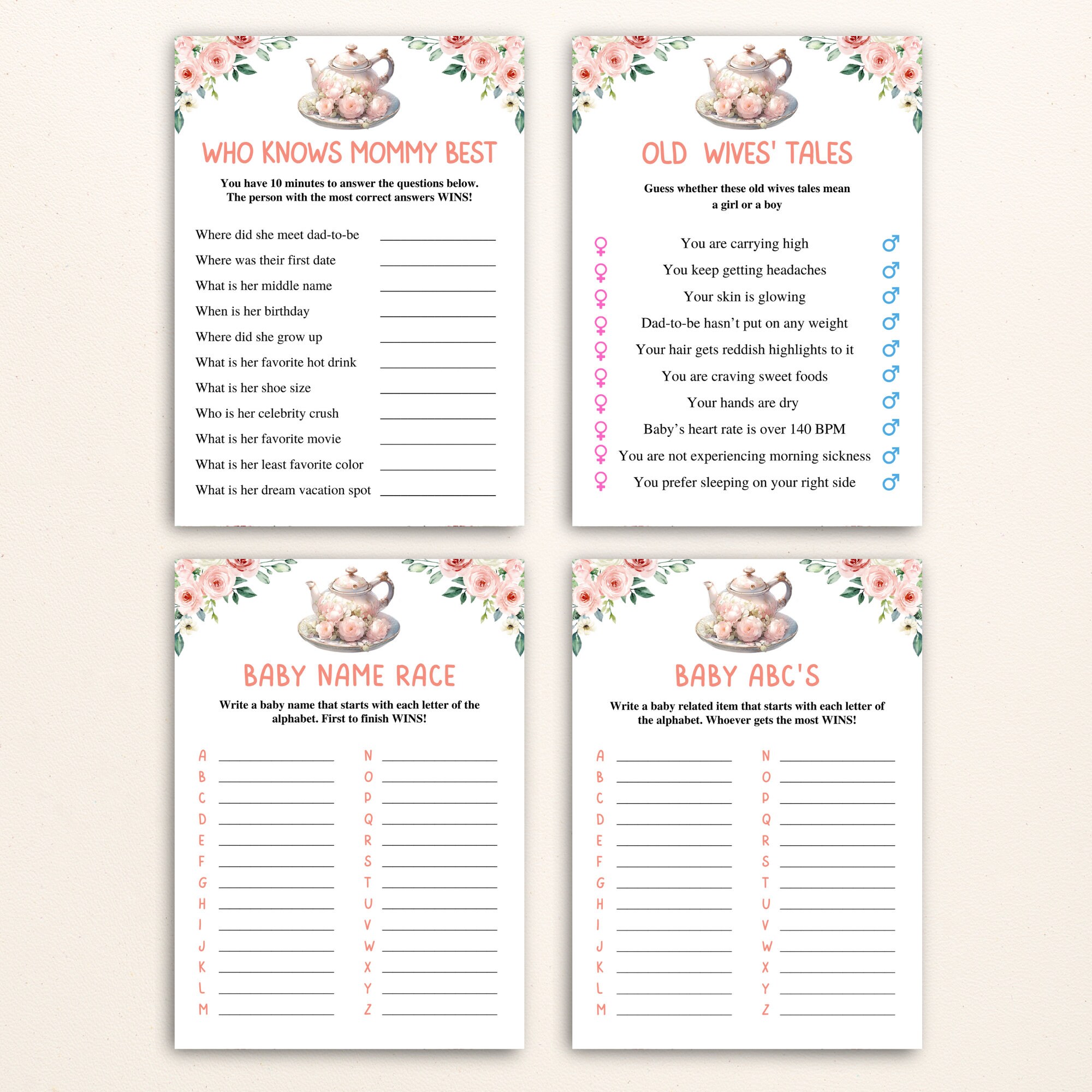 16 Printable Tea Party Baby Shower Games Afternoon Tea Baby Shower Game ...