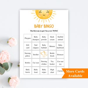 30 afdrukbare Sunshine-bingokaarten voor babyshowers | Babybingokaarten van 5 x 7 inch | Here Comes The Sun-babyshowergames | DOWNLOAD
