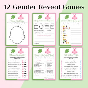 Könnte beinhalten: Ein Set mit 12 druckbaren Geschlechtsenthüllungsspielen für eine Babyparty. Die Spiele beinhalten "Zeichne das Baby", "Baby-Vorhersagen und Ratschläge", "Kinderbuch-Emoji-Spiel", "Mama oder Papa?", "Was ist auf deinem Handy?" und "Alte Weibermärchen".