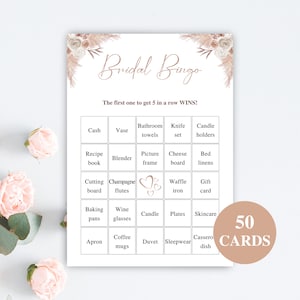 50 tarjetas de bingo de despedida de soltera Boho imprimibles / Bingo de regalo de despedida de soltera precargado / Juegos de despedida de soltera Pampas Grass / DESCARGAR
