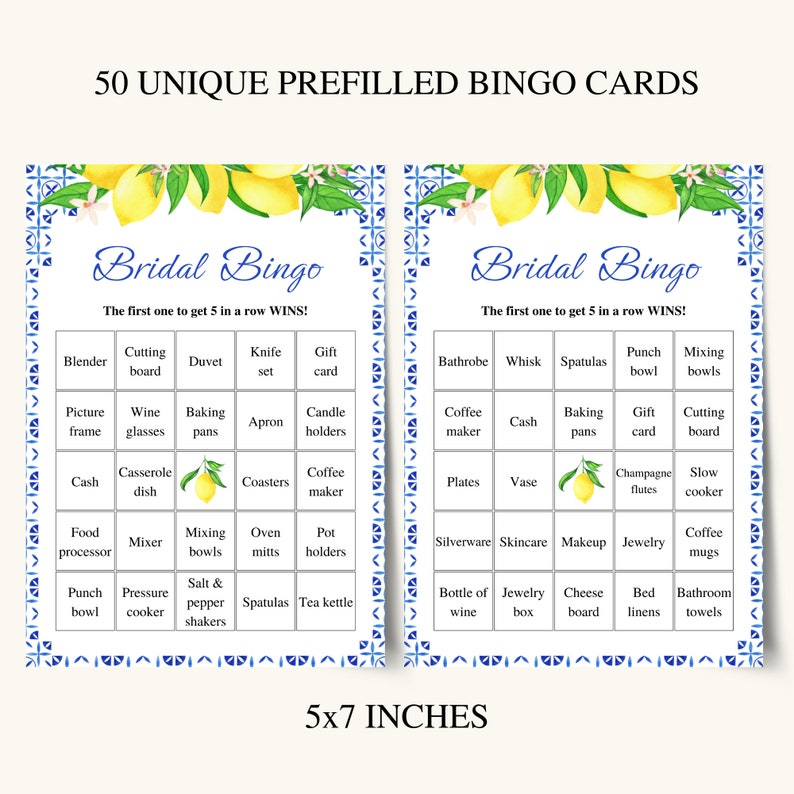 50 Printable Bridal Shower Bingo Cards, Prefilled Bridal Bingo Game