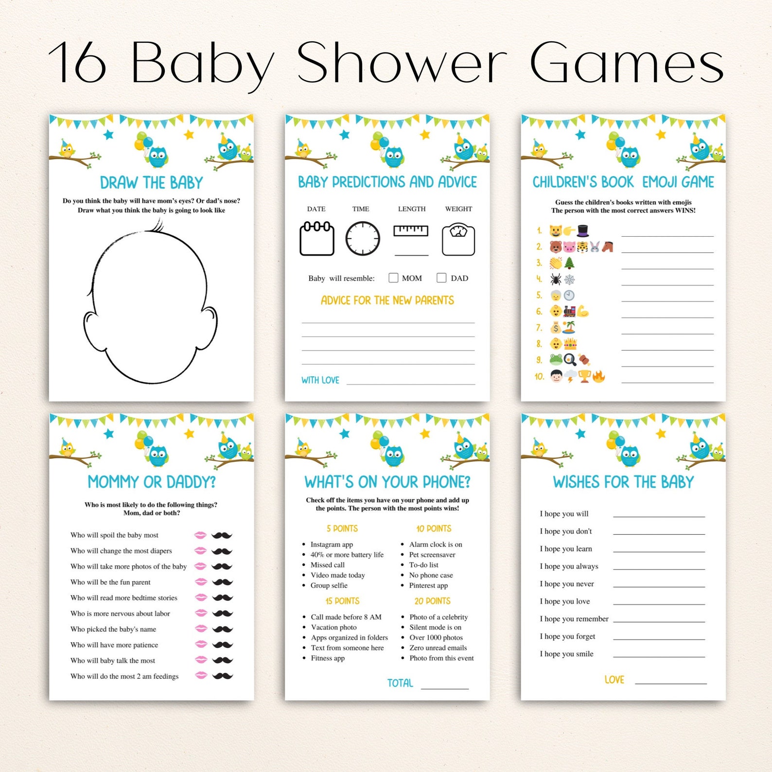 16 Printable Owl Baby Shower Games Blue Owl Baby Shower Game Bundle Blue and Yellow Baby Shower