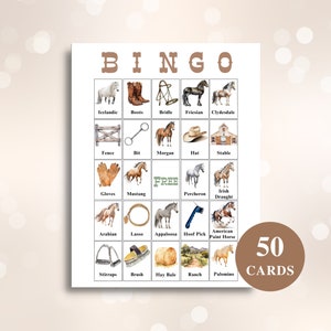 50 kart bingo z końmi do wydrukowania | Karty bingo z obrazkami o tematyce koni | Gry urodzinowe z końmi | Litera US 8,5 x 11'' | POBIERZ